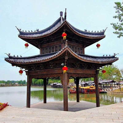 kwaliteit  3.2m Chinese Style Pavilion Handmade Grey Wooden Gazebo Structure Fabriek