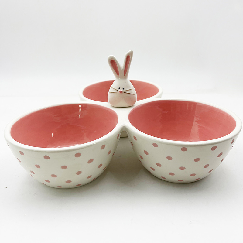 Klassiek Roze schattig keramisch materiaal Tri-Part Serving Bowl Silly Bunny Met Rabbit Handle