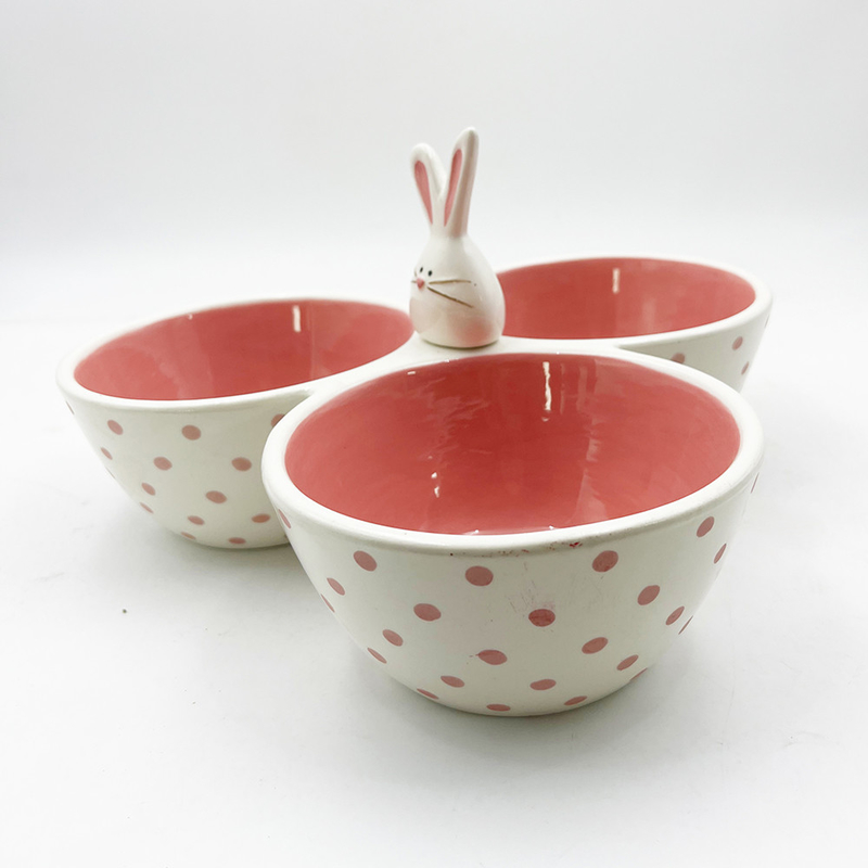 Klassiek Roze schattig keramisch materiaal Tri-Part Serving Bowl Silly Bunny Met Rabbit Handle