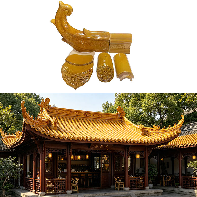 Duurzaam geel geglazuurd klei daktegel Glanse keramische daktegels Traditioneel Chinees oud dakmateriaal voor binnenplaats en paviljoen