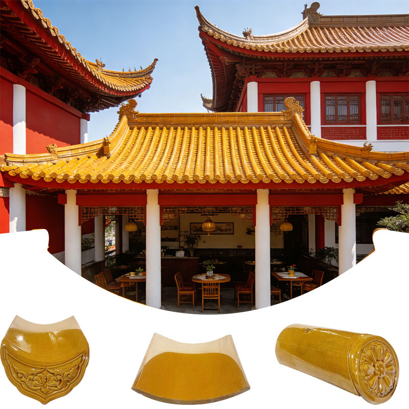 Duurzaam geel geglazuurd klei daktegel Glanse keramische daktegels Traditioneel Chinees oud dakmateriaal voor binnenplaats en paviljoen