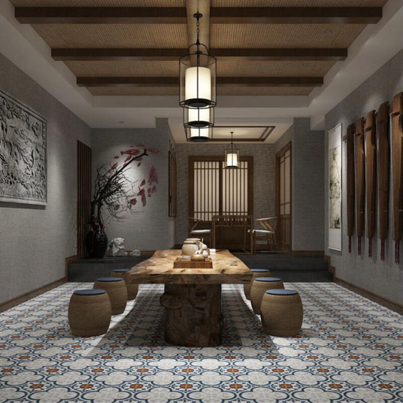Handmade Encaustic Cement Tiles Floor & Wall Tile Solid Texture Unique Flower Design for Hotel Cafe Interior Use 200x200mm