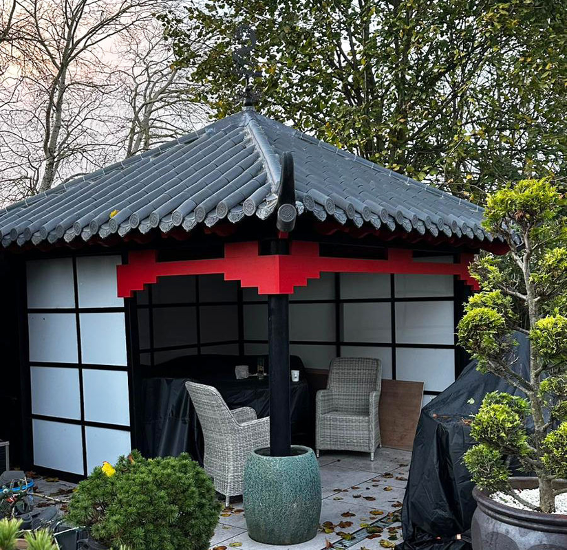 Japanse & Chinese Stijl Buiten Theehuis Paviljoen Gezellige Binnenplaats Gazebo met Zadeldak Tegelsysteem & Opgewipte Dakranden