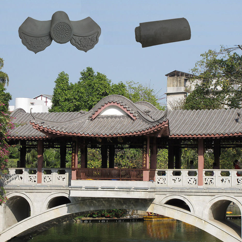 Grijze kleidakpannen voor tuinbrugpaviljoens, weerbestendige klei-dakpannen en dakrandpannen voor Chinese architectuur