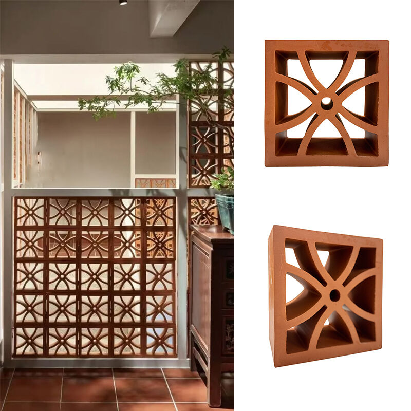 Red Terracotta Geometric Breeze Blocks for Interior Partition Clay Screen Bricks for Home Entryway & Tea Room Divider Walls